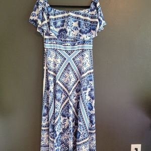 Eliza J Ruffle Off Shoulder Maxi Dress Blue and White Floral Size 12